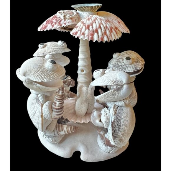 Handcrafted Shell Turtle Musician Figurines Under Palm Tree 4" T Vintage - Picture 1 of 14